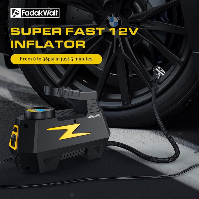 FADAKWALT Tire Inflator Portable Air Compressor, DC 12V Tire Air Pump with LED and 150PSI Digital Pressure Gauge, Portable Tire Inflator for Car Tires, Motorcycles, Bike, Ball (Yellow) - Image 4